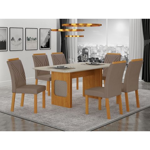 Conjunto Sala de Jantar Lara 1,80m com 6 Cadeiras Clara Plus Cinamomo/Off White/Joli Camurça