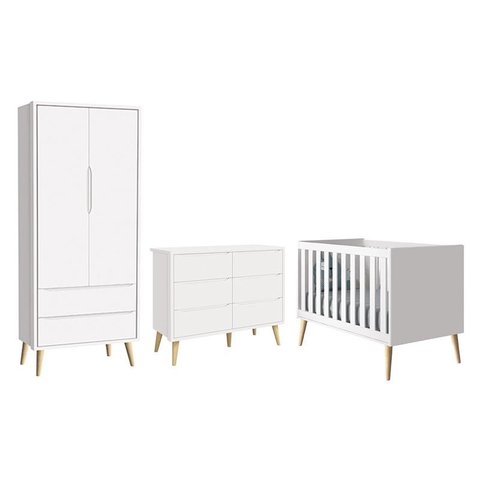 Dormitório Completo Infantil Theo 2 Portas, Cômoda 6 Gavetas e Berço Branco Fosco com Pés Madeira Na