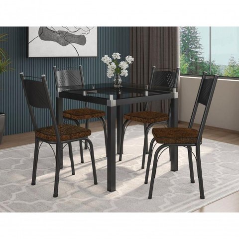 Conjunto Mesa de Jantar Tubular Malva 4 Lugares Tampo de Vidro Quadrado 75cm Preto Imbuia