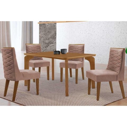 Sala Jantar Mesa Londrina Tampo Curvo 120cm+4 Cadeiras Dafne Madeira Naturale - Capuccino/linho