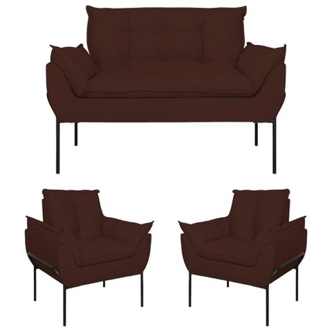 Kit 02 Poltronas + Namoradeira Pé Metal Preto Recepção Sala Marrom