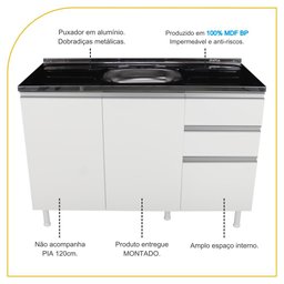 Balcão Pia 120cm 100% Mdf 3 Portas 2 Gavetas para Cozinha - 3
