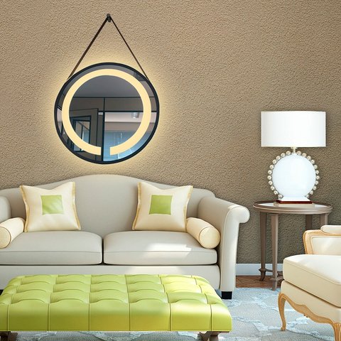 Espelho LED Quente Adnet 60cm Preto Alça Marrom
