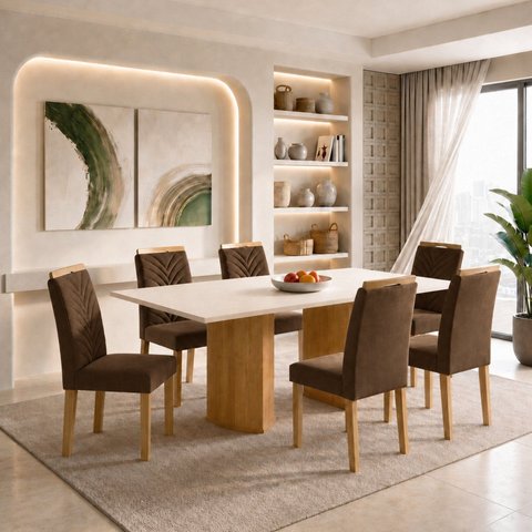 Conjunto de Mesa de Jantar 6 Lugares Isla e Carol 160x80cm MDF Cinamomo Off White Marrom