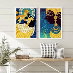 Conjunto 2 Quadros Decorativos Arte Orixá oxum 45x34cm - com Vidro:madeira Preta - 2