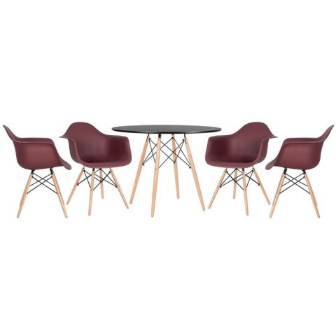 Kit - Mesa Eames 100 Cm + 4 Cadeiras Eames Daw Mesa Preto com Cadeiras Marrom Mesa Preto com