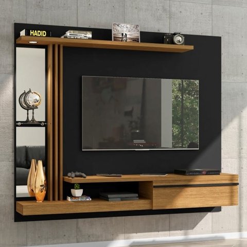 Painel para TV com LED e Espelho Heroe Preto Cinamomo