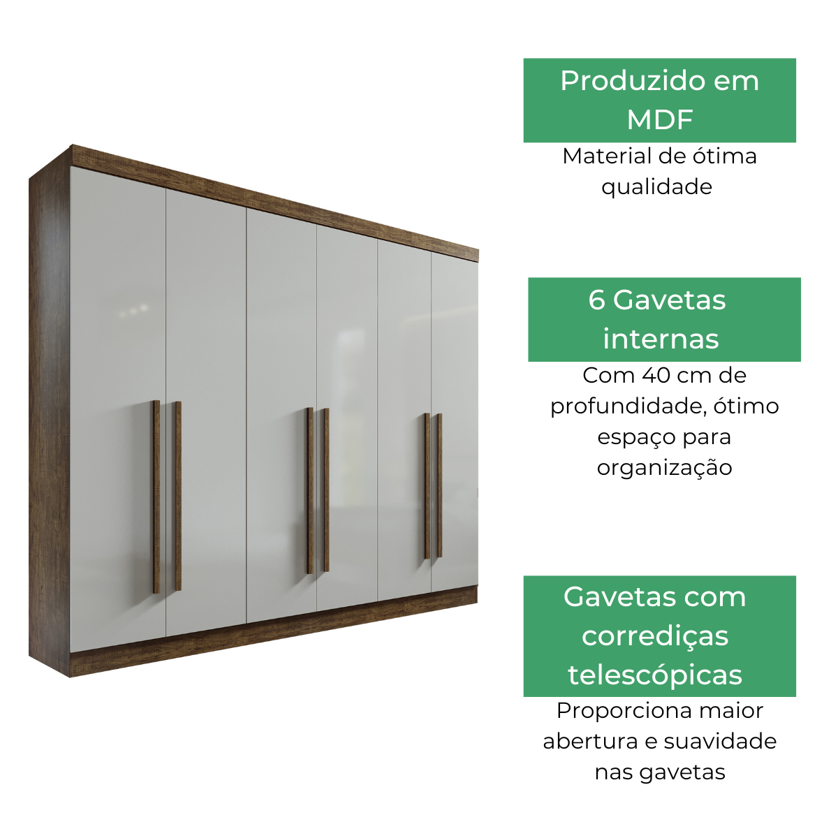 Guarda Roupa Casal 6 Portas 6 Gavetas Da Vinci D'Doro Ipe Off-White - 4