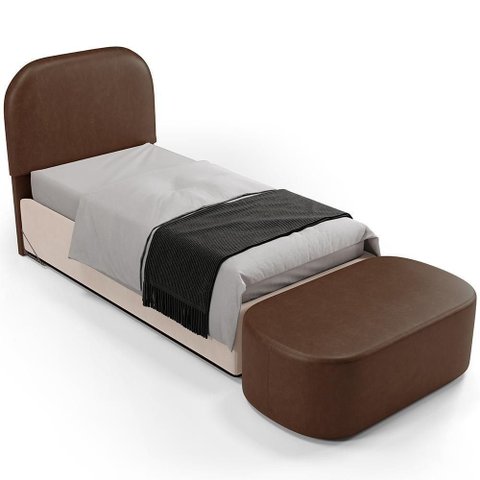Cabeceira Cama Box 100cm Lanna com Puff Recamier Doha W01 Couríssimo Marrom - Lyam Decor