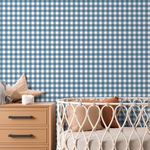 Papel de Parede Infantil Xadrez Vichy Azul Real