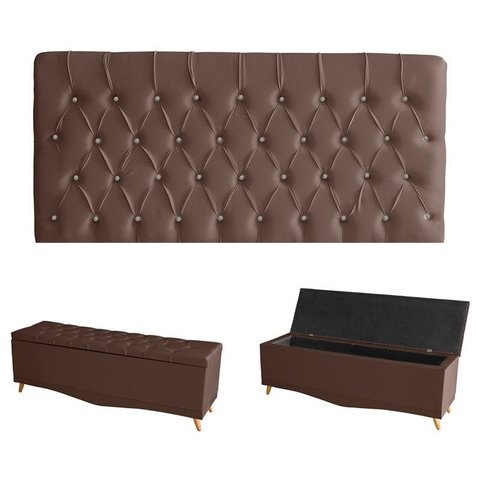 Kit Estrela Cabeceira de Cama Painel e Calçadeira Baú Botão Cristal Casal 140 Cm Suede Rosê Eli Móve