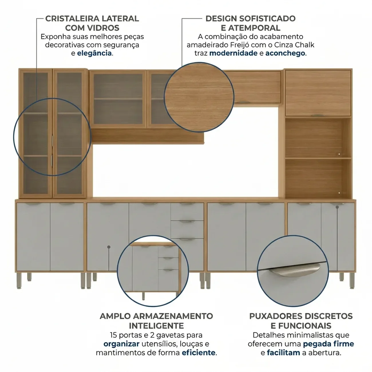 Ver imagem 5 de Cozinha Compacta Modulada 6 Peças 340cm 15 Portas e 2 Gavetas Colors Marrom Freijó/Cinza Chalck