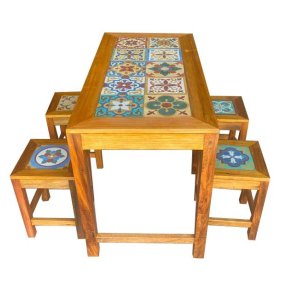 Conjunto Mesa de Jantar 120x60 com 4 Banquetas Ladrilho 32x32 Decoração Móveis Cozinha Bistro
