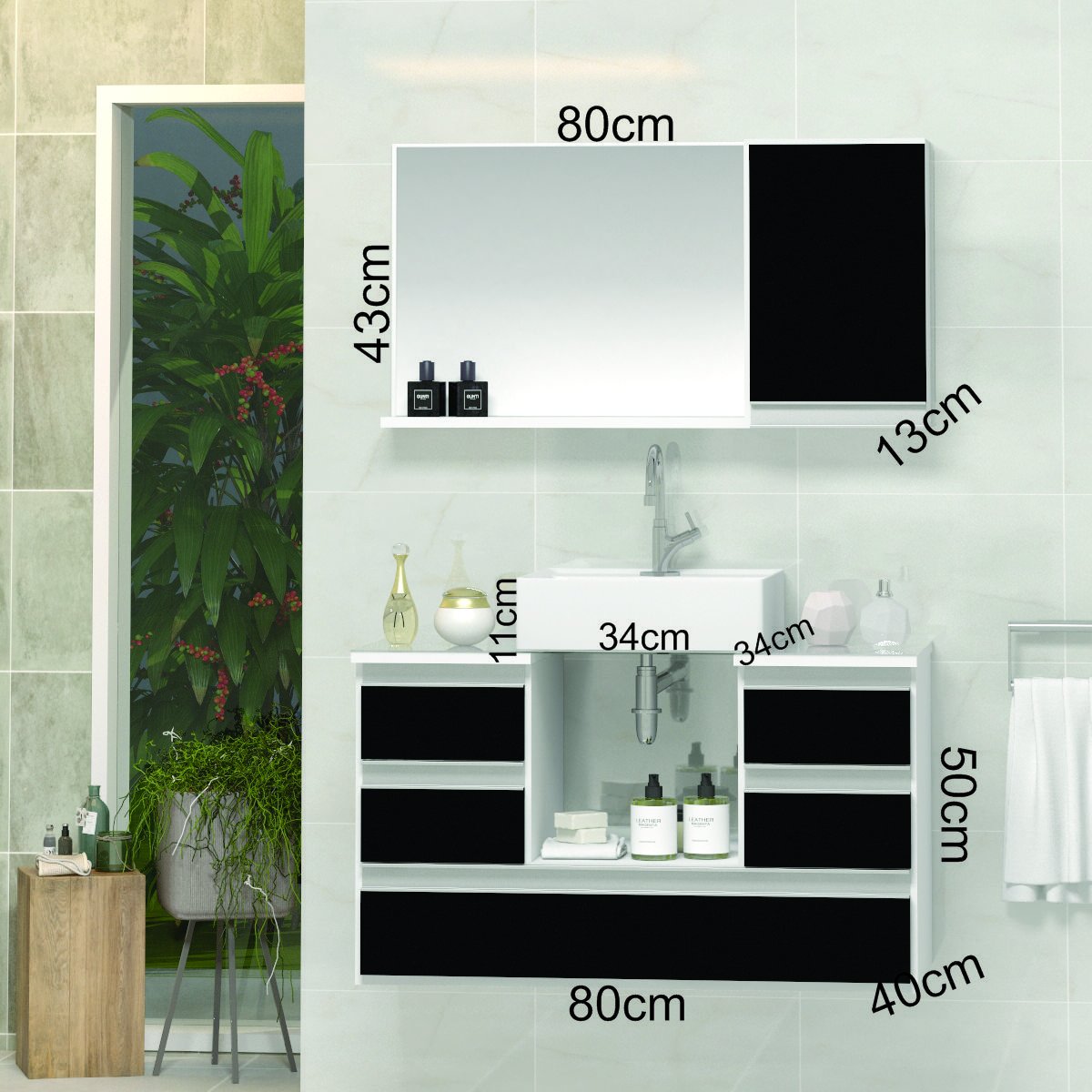 Conjunto Gabinete Banheiro POLO 80cm Branco/Preto - Gabinete + Cuba + Espelheira + Tampo Vidro - 2