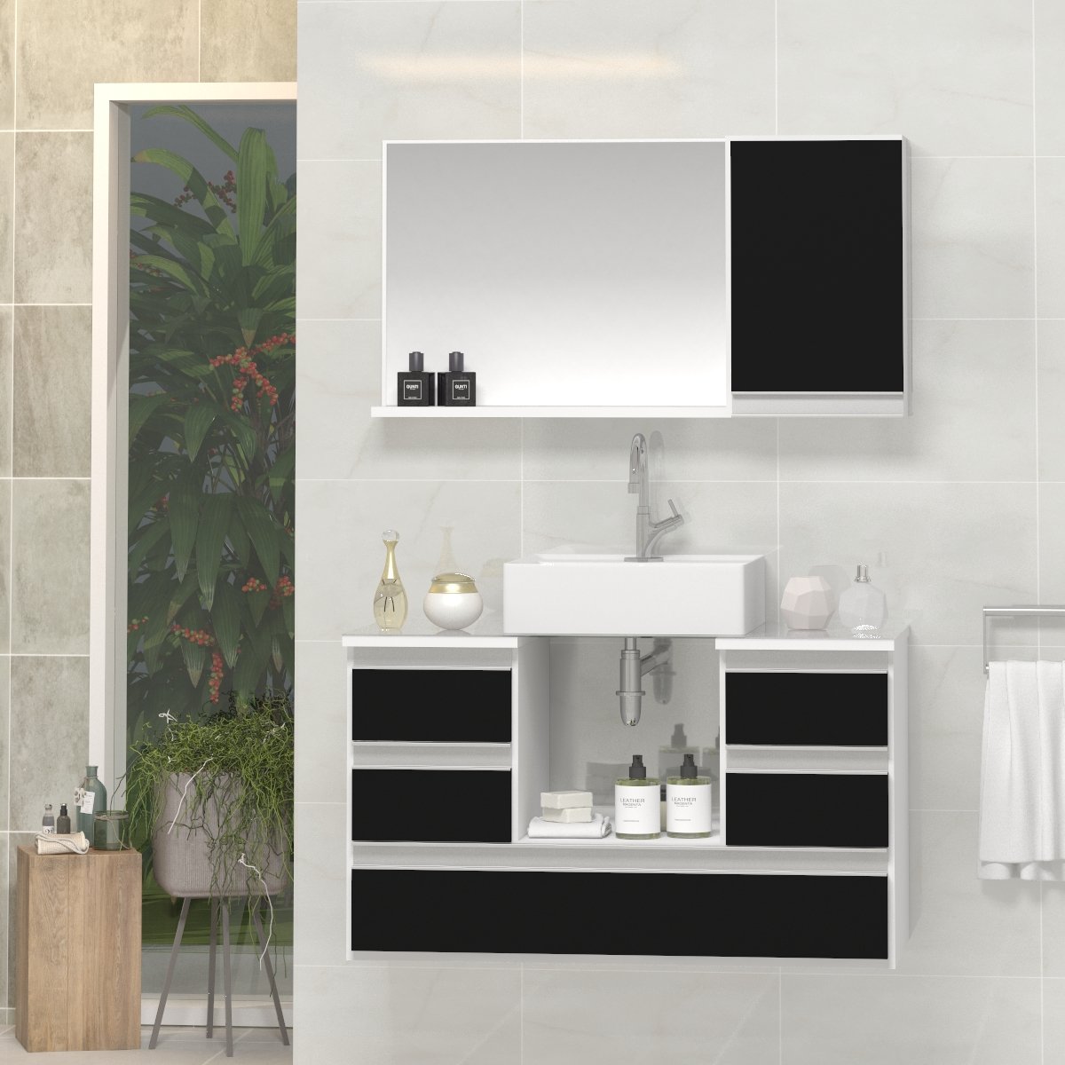 Conjunto Gabinete Banheiro POLO 80cm Branco/Preto - Gabinete + Cuba + Espelheira + Tampo Vidro - 1