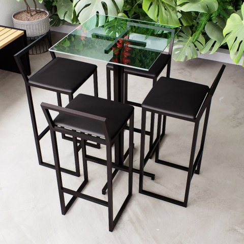 Conjunto Mesa Alta Bar Bistrô Quadrada Vidro 4 Banquetas Estofado Don Castro Decor