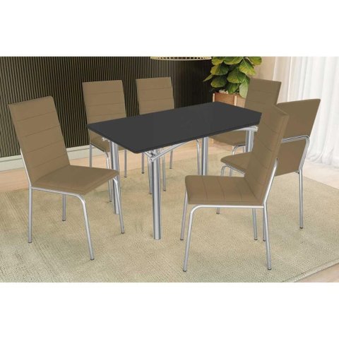 Conjunto: Mesa Sala Jantar Elba Tampo Madeirado C/ Vidro 160cm e 6 Cadeiras Amsterdã Cromada/preto