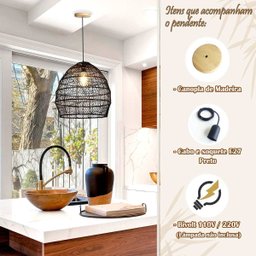 Pendente Fibra Natural Rattan Boho Mesa Sala Preto Nat55 - 6