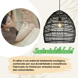 Pendente Fibra Natural Rattan Boho Mesa Sala Preto Nat55 - 8