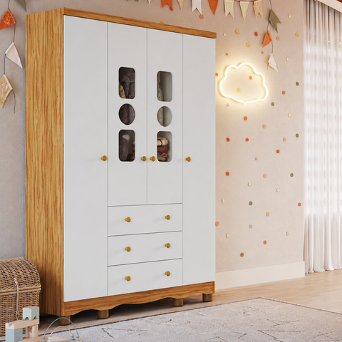 Guarda Roupa Peroba Tedy 4 Portas e 3 Gavetas Branco/Amêndoa