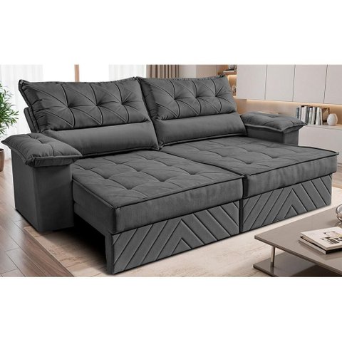 Sofá Retrátil e Reclinável 2,10m com Molas e Espuma D33 Thunder Velusoft Cinza Cama Inbox
