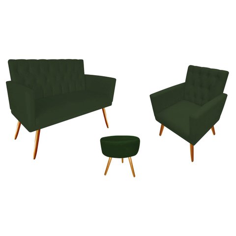 Kit Namoradeira + 1 Poltrona Decorativa Nina Capitonê + Puff Redondo Suede Verde Pés Madeira Mz Deco