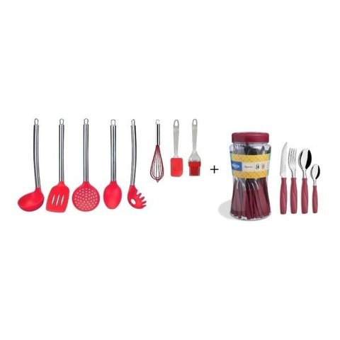 Kit Colheres de Silicone cabo em inox 8pçs + Jogo Talheres Faqueiro 24pçs Cabo Vermelho