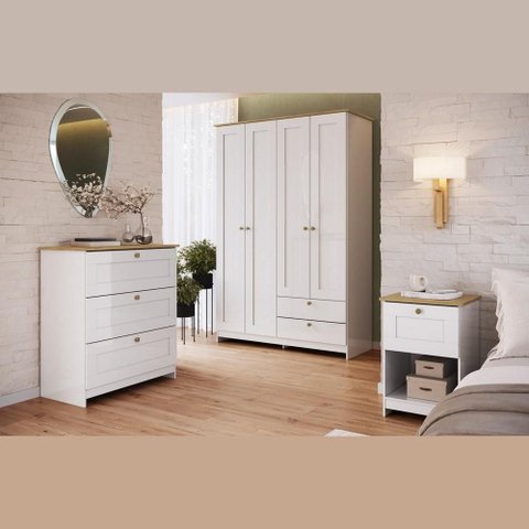 Conjunto Quarto Solteiro Completo 3 Peças 4 Portas 6 Gavetas Americano Cor Branco - Decibal Móveis