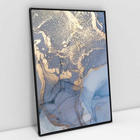 Quadro Decorativo em Canvas Abstrato Mármore Azul Perolado TaColado Moldura Flutuante 4,5cm Preta 60