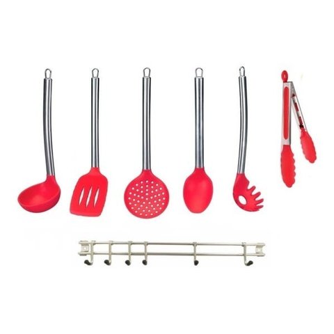 Kit 6 Colheres Utensílios em Silicone com Cabo Inox + Sup Inox 6 Ganchos
