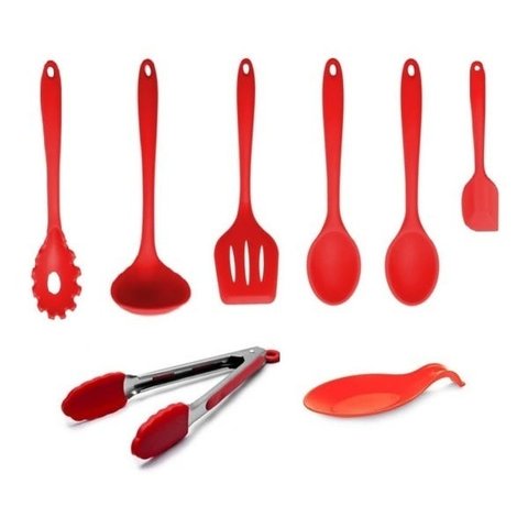 Kit 8 Colheres em Silicone Vermelho com cabo maciço em Silicone Top