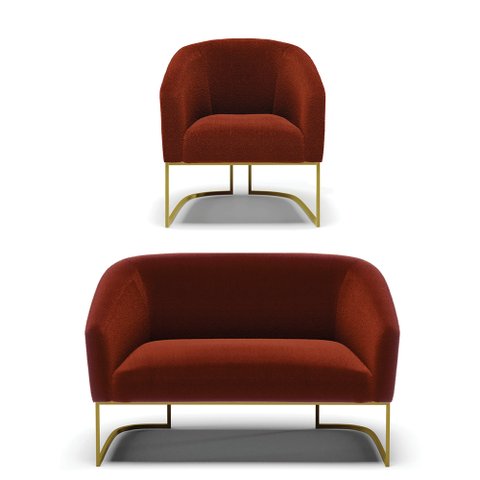 Sofá Namoradeira e Poltrona Base Industrial Dourado Stella Bouclê Terra D03 - D'Rossi