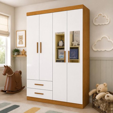 Guarda-Roupa Infantil com Espelho 4 Portas 2 Gavetas 118,5cm Multimóveis CR35559 Madeirado/Branco