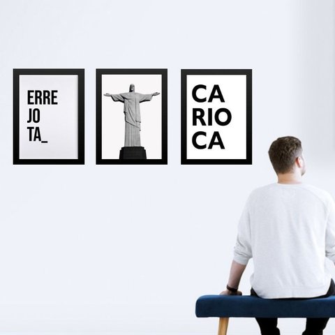 Kit 3 Quadros Rio de Janeiro Cristo - Errejota 33x24cm:moldura Preta