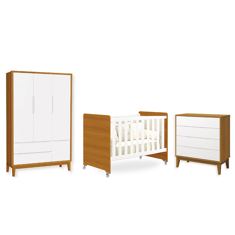 Quarto de Bebê Berço Evolution + Cômoda 4g + Guarda Roupa 3P Branco Savana Classic