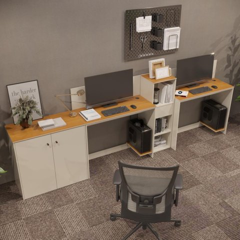Conjunto de Escritório Smart 1 Livreiro 1 Buffet e 2 Mesas 90cm - Off White e Cedro