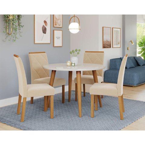 Mesa de Jantar Tampo de Vidro Off White Dani Vidro 1,09 e 4 Cadeiras Fernanda Madeira/nude
