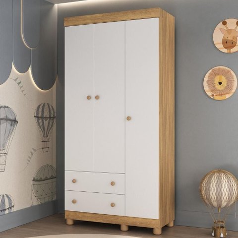 Guarda-roupa Infantil 92cm 3 Portas e 2 Gavetas Allegra Multimóveis Mp4442 Madeirado/branco