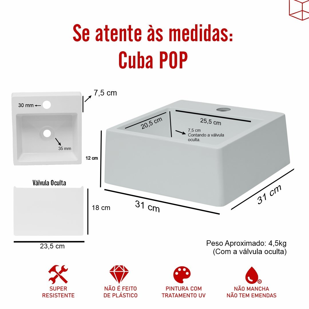 Pia Cuba Sobrepor para Banheiro de Mármore Sintético Preto Pop 31 X 31 Quanta Compositos Cuba Sobrep - 6