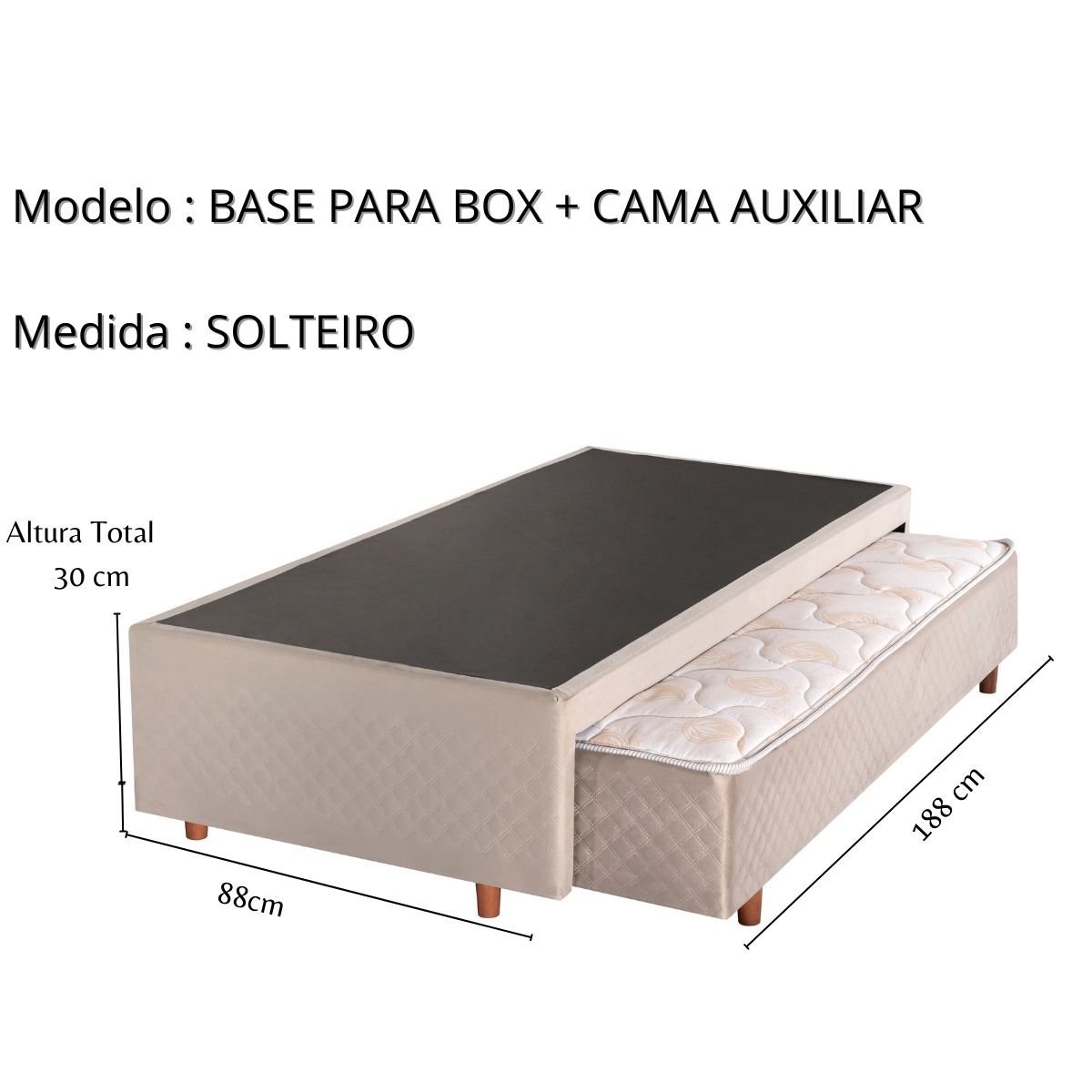 Base Box + Cama Auxiliar com Colchão de Espuma Solteiro 88x188x24cm Bege Cristalflex - 2