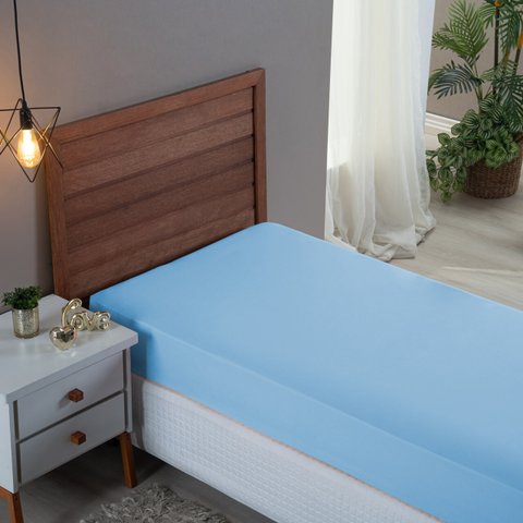Lençol Cama Solteiro 100% Algodão com Elástico Percal 300 Fios Hotel Pousada:azul Bebe