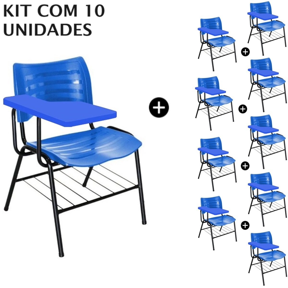 Kit 10 Cadeiras Universitárias Azul com Porta Livros Prancheta Plástica