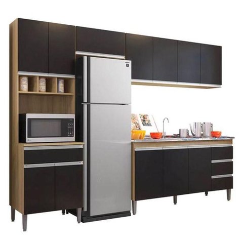 Cozinha Modulada 2,80m Andréia 12 Portas 4 Gavetas com Balcão Amêndoa/preto