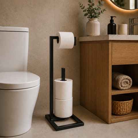 Suporte de Papel Higiênico Preto Premium de Chão Tubo Reforçado para Banheiros