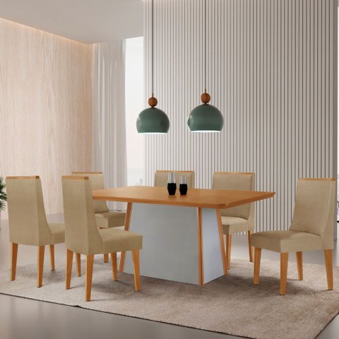 Mesa de Jantar Diane 180cm Tampo Mdf Laminado com 6 Cadeiras Lisboa Moderna Mobília