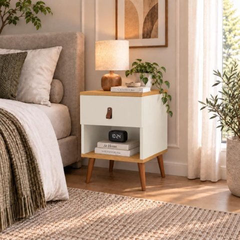 Mesa de Cabeceira Moderna 1 Gaveta com Nicho Larissa Quarto - Off White/ Nature