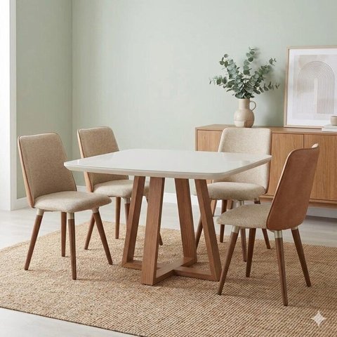 Conjunto Sala de Jantar Mesa Bennet com Vidro 4 Cadeiras Giratórias Madeira Maciça Dakota