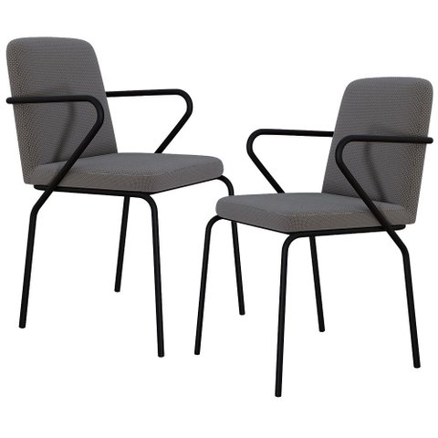 Kit 02 Cadeiras Estofada para Sala de Jantar com Braço Loft Preto C01 Linho Fendi Cinza - Lyam Decor