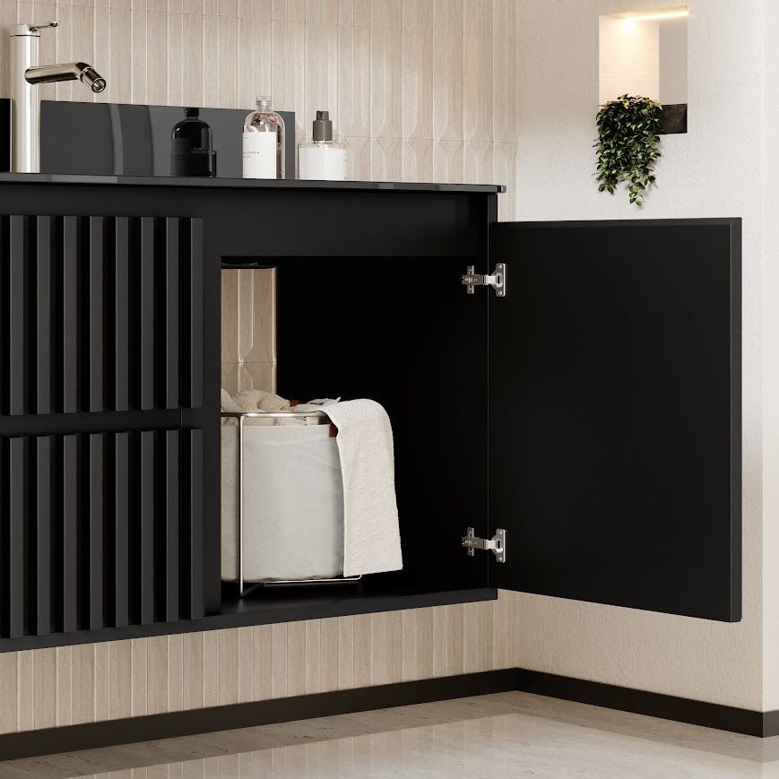 Ver imagem 2 de Gabinete Ripado Vision 80cm Preto com Bancada de Vidro