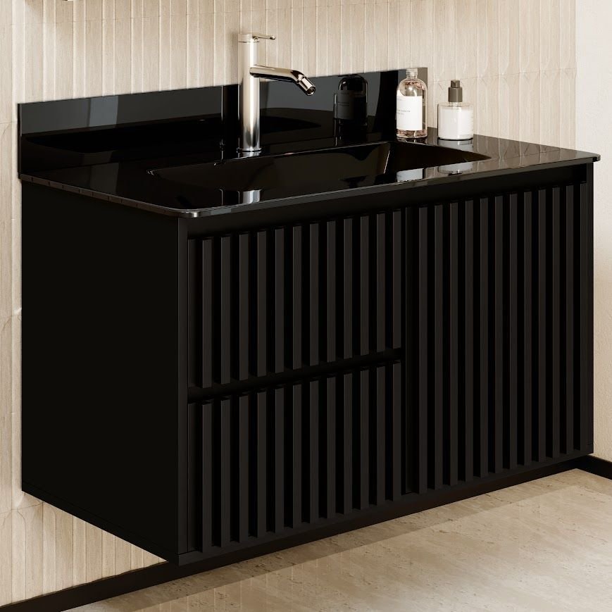 Ver imagem 1 de Gabinete Ripado Vision 80cm Preto com Bancada de Vidro